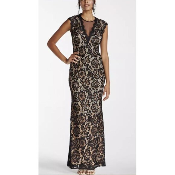 Betsy & Adam Black Lace Floral Nude Underlay Open Back Maxi Dress Size 4 2223 - Picture 2 of 16